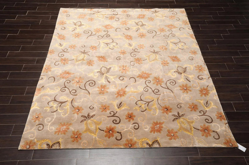 8'x9'7'' Hand Knotted Tibetan Wool & Silk Designer Boho Oriental Area Rug Beige