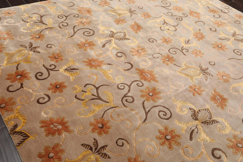 8'x9'7'' Hand Knotted Tibetan Wool & Silk Designer Boho Oriental Area Rug Beige