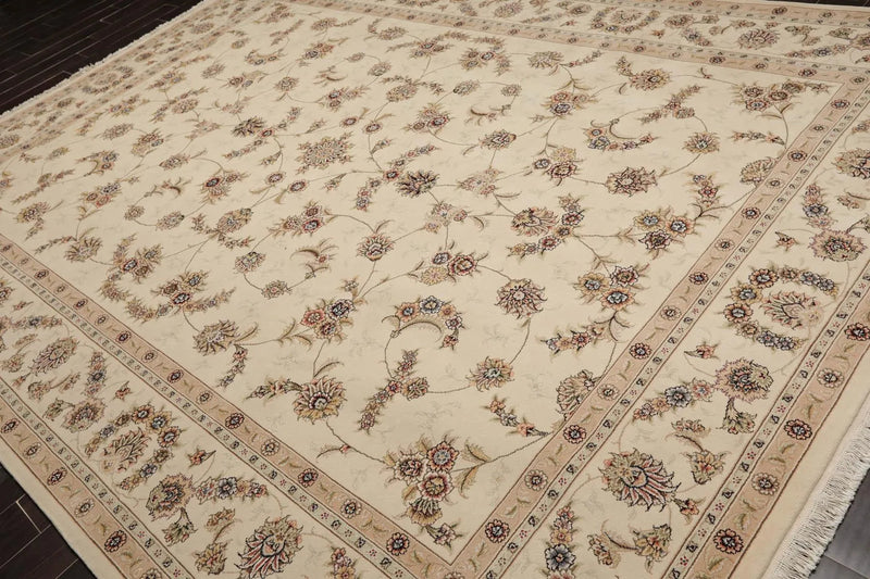 9' x 12' Hand Knotted Wool and silk Sino Persian Isphahan Oriental Area Rug Cream