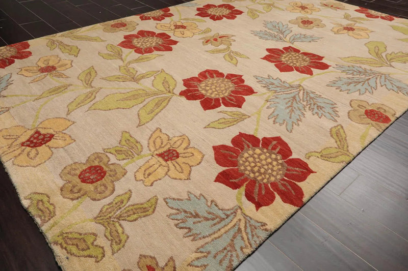 5'6''x8'6'' Hand Knotted Tibetan 100% Wool Transitional Oriental Area Rug Beige, Lime Color