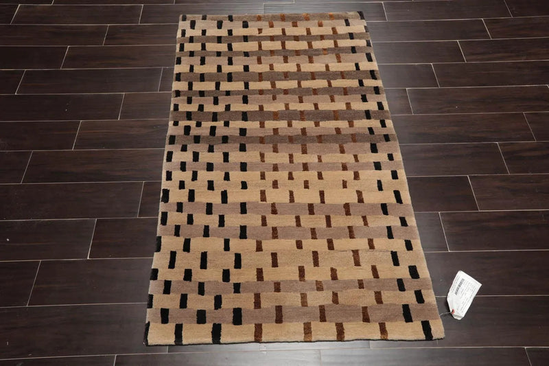 3'x5' Hand Knotted Tibetan Wool and Silk Tibetan Transitional Oriental Area Rug Tan, Beige Color