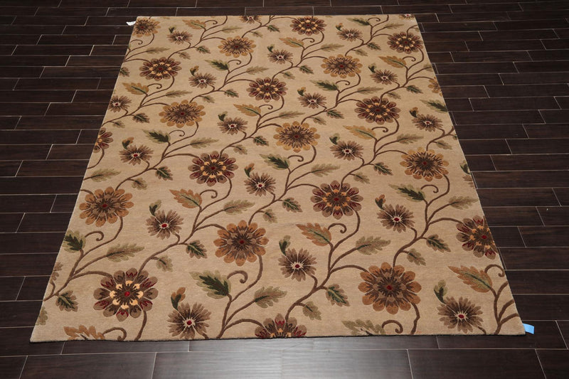 7'10" x 9'11" Hand Knotted Tibetan Wool & Silk Transitional Area Rug Tan
