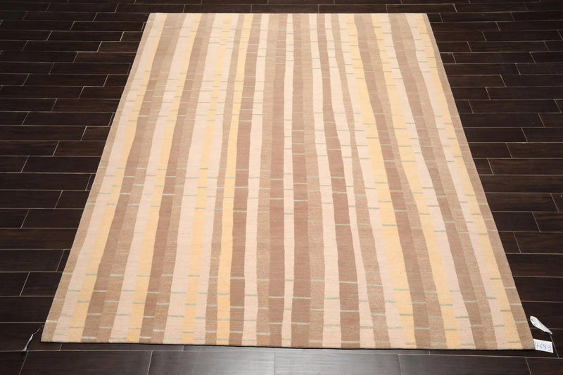 8'x10' Hand Knotted Premium Tibetan Wool & Silk Bamboo Stripes Modern Area Rug Beige