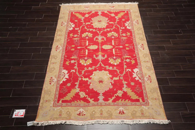 5'10''x8'10'' Hand Knotted Soumak 100% Wool Soumak Traditional Oriental Area Rug Chinese red, Gold Color
