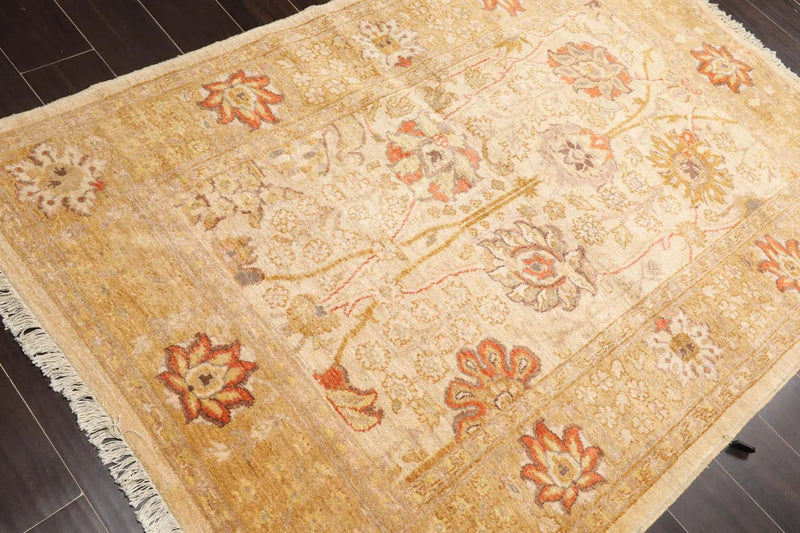 4'2''x6' Hand Knotted 100% Wool Peshawar Traditional Oriental Area Rug Beige, Gold Color