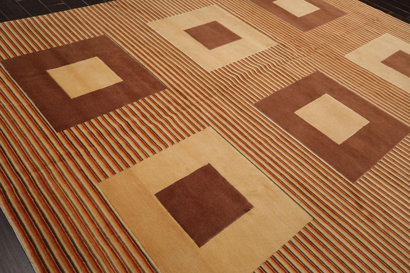 8'11"x11'10'' Hand Knotted Tibetan Wool Art Deco Modern Area Rug Beige Brown