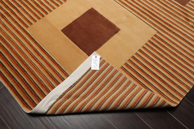 8'11"x11'10'' Hand Knotted Tibetan Wool Art Deco Modern Area Rug Beige Brown