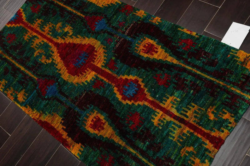3x5 Green, Red Hand Knotted 100% Silk Tibetan Traditional Oriental Area Rug