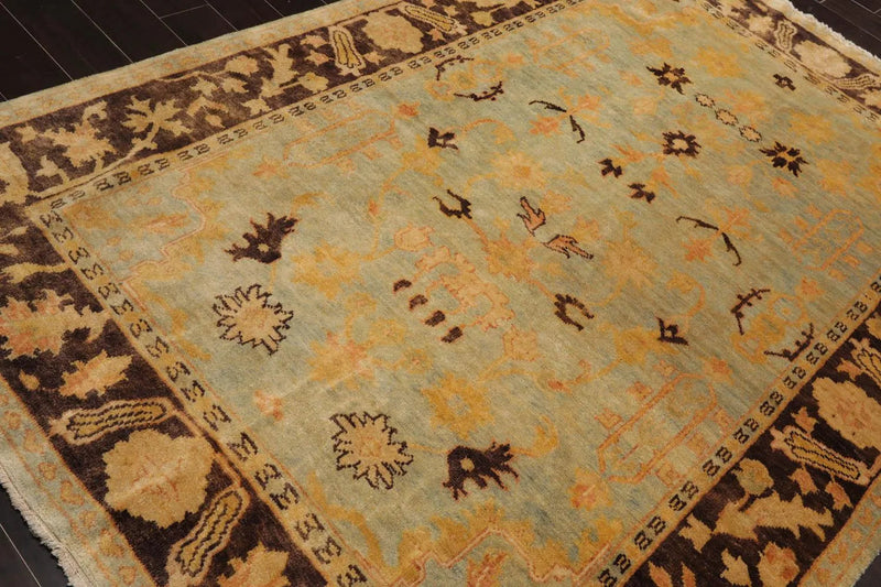 6'1''x9'1'' Hand Knotted Oushak 100% Wool Oushak Traditional Oriental Area Rug Pale Aqua, Chocolate Color