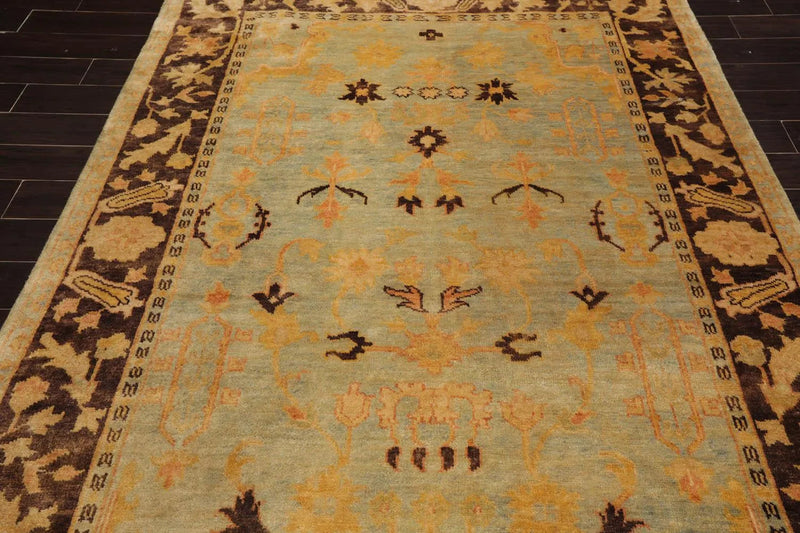 6'1''x9'1'' Hand Knotted Oushak 100% Wool Oushak Traditional Oriental Area Rug Pale Aqua, Chocolate Color