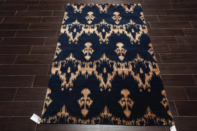 4'1''x6' Hand Knotted Tibetan Wool and Bamboo Silk Tibetan Traditional Oriental Area Rug Navy, Beige Color