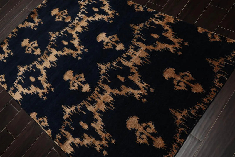 4'1''x6' Hand Knotted Tibetan Wool and Bamboo Silk Tibetan Traditional Oriental Area Rug Navy, Beige Color