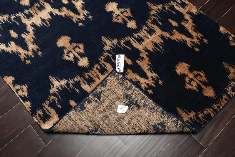 4'1''x6' Hand Knotted Tibetan Wool and Bamboo Silk Tibetan Traditional Oriental Area Rug Navy, Beige Color