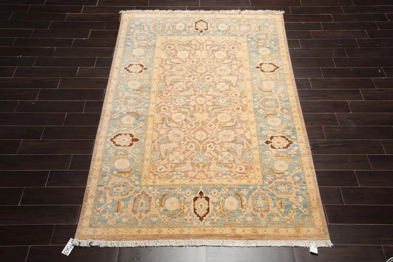 6'x8'9'' Hand Knotted 100% Wool Peshawar Traditional Oriental Area Rug Taupe, Aqua Color