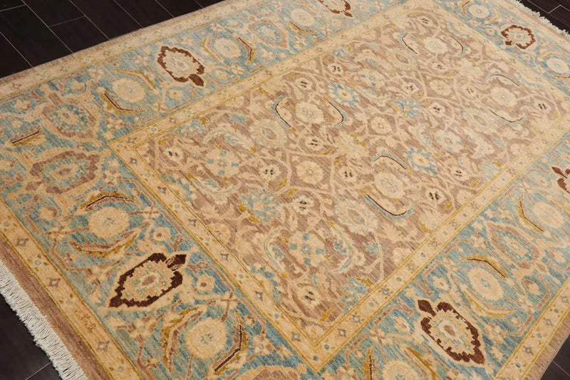 6'x8'9'' Hand Knotted 100% Wool Peshawar Traditional Oriental Area Rug Taupe, Aqua Color