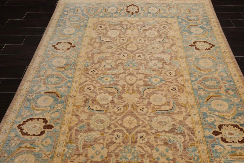 6'x8'9'' Hand Knotted 100% Wool Peshawar Traditional Oriental Area Rug Taupe, Aqua Color