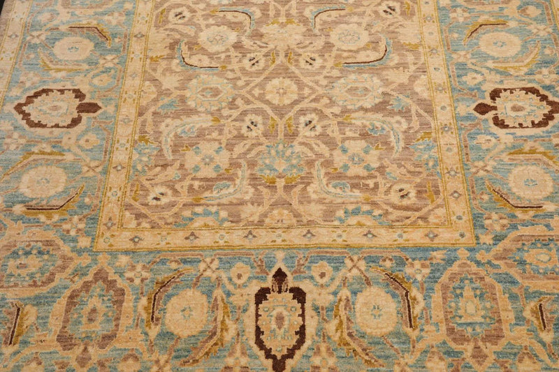 6'x8'9'' Hand Knotted 100% Wool Peshawar Traditional Oriental Area Rug Taupe, Aqua Color