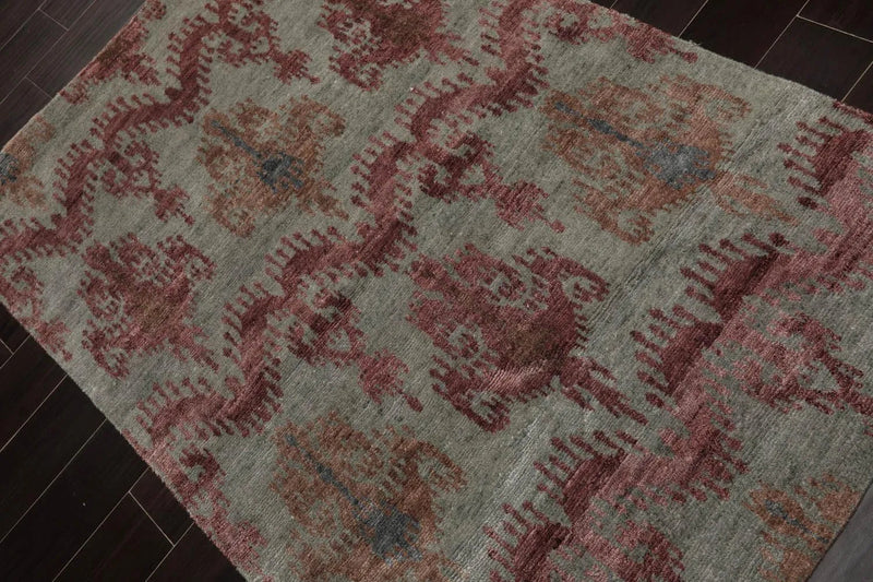 3'9''x5'9'' Hand Knotted Tibetan Wool and Bamboo Tibetan Traditional Oriental Area Rug Gray, Aubergine Color