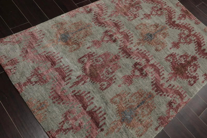 3'9''x5'9'' Hand Knotted Tibetan Wool and Bamboo Tibetan Traditional Oriental Area Rug Gray, Aubergine Color