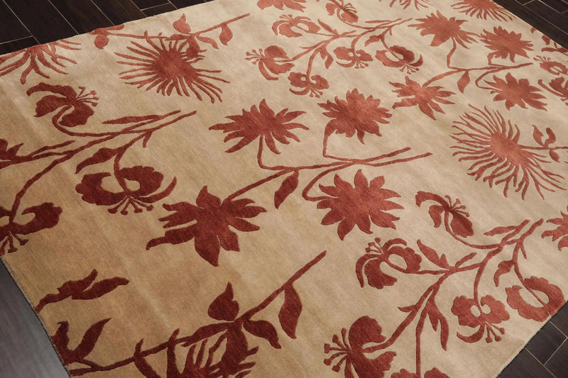 6'8'' x 8'8'' Hand Knotted Tibetan 100% Wool Botanical Oriental Area Rug Beige