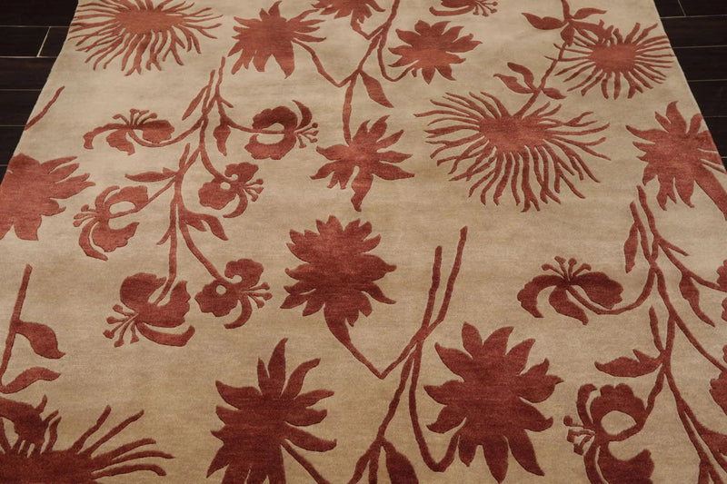 6'8'' x 8'8'' Hand Knotted Tibetan 100% Wool Botanical Oriental Area Rug Beige