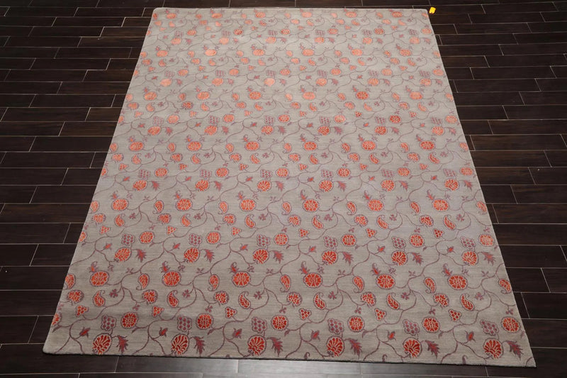7'11'' x 10'3'' Hand Knotted Tibetan Wool & Silk Designer Area Rug Gray Orange