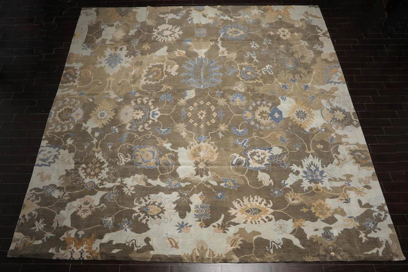15'8''x15'9'' Hand Knotted Tibetan 100% Wool Oushak Transitional Oriental Area Rug Grayish Brown,Tan Color
