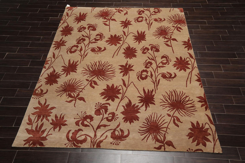 7'10" x 9'9" Hand Knotted Tibetan Wool Botanical Oriental Area Rug Tan