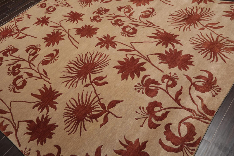 7'10" x 9'9" Hand Knotted Tibetan Wool Botanical Oriental Area Rug Tan