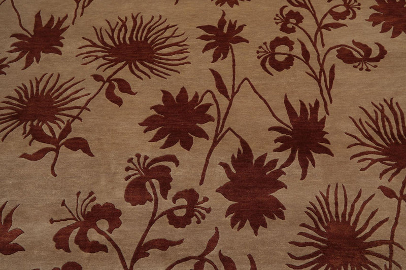 7'10" x 9'9" Hand Knotted Tibetan Wool Botanical Oriental Area Rug Tan