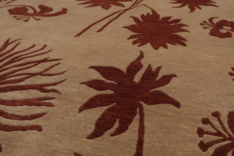 7'10" x 9'9" Hand Knotted Tibetan Wool Botanical Oriental Area Rug Tan