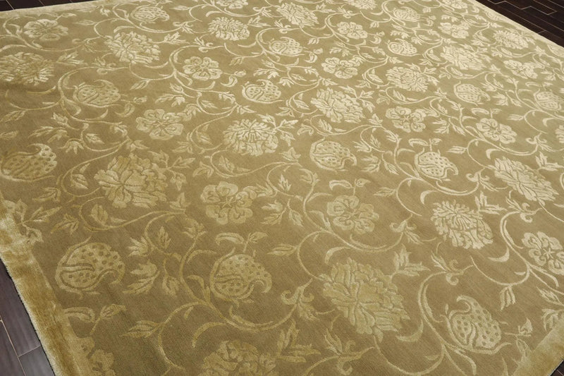9' x 12' Hand Knotted Tibetan Wool Silk Botanical Area Rug Green Tone on Tone