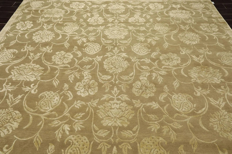 9' x 12' Hand Knotted Tibetan Wool Silk Botanical Area Rug Green Tone on Tone
