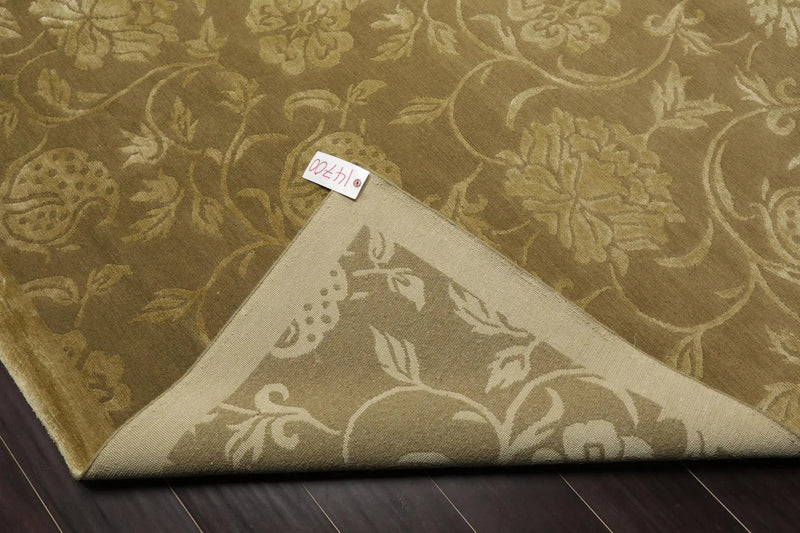 9' x 12' Hand Knotted Tibetan Wool Silk Botanical Area Rug Green Tone on Tone