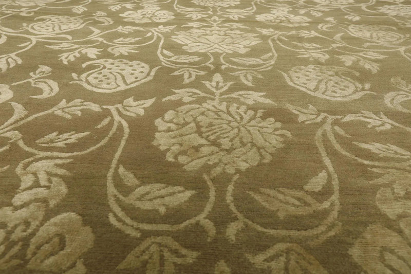 9' x 12' Hand Knotted Tibetan Wool Silk Botanical Area Rug Green Tone on Tone