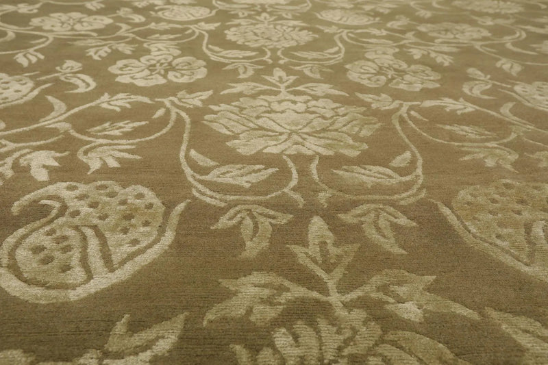 9' x 12' Hand Knotted Tibetan Wool Silk Botanical Area Rug Green Tone on Tone
