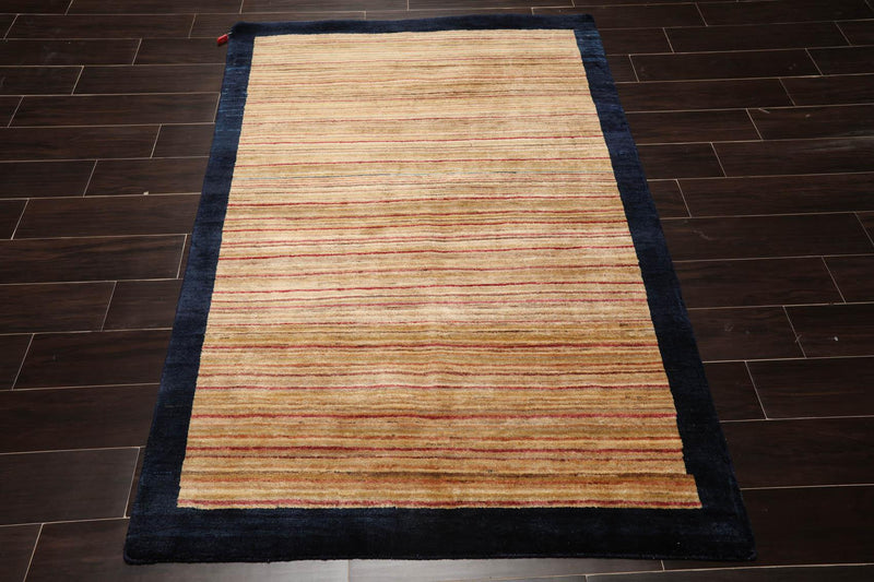 4'1" x 5'11" Hand Knotted 100% Wool Peshawar Modern Striped Area Rug Beige