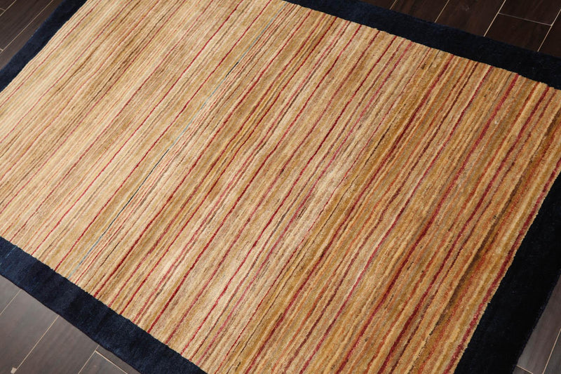 4'1" x 5'11" Hand Knotted 100% Wool Peshawar Modern Striped Area Rug Beige