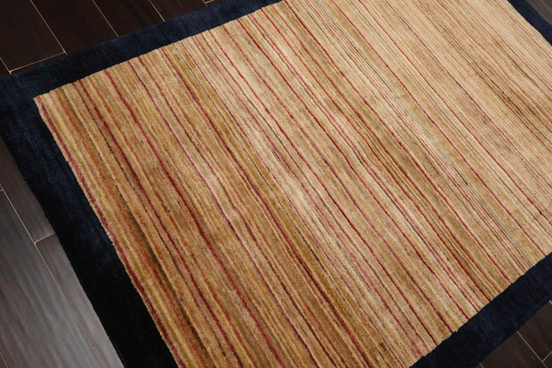 4'1" x 5'11" Hand Knotted 100% Wool Peshawar Modern Striped Area Rug Beige