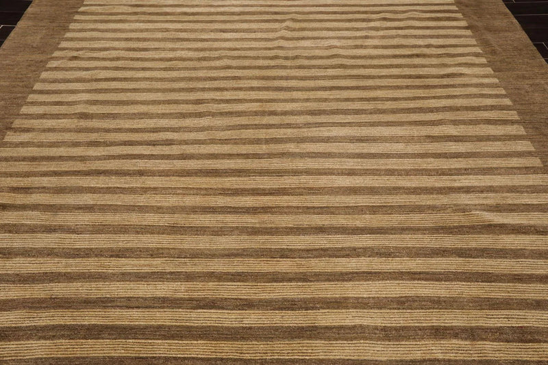 8'10'' x 11'9'' Hand Knotted Tibetan Wool Stripes Modern Stripes Area Rug Brown