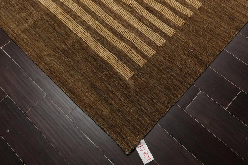 8'10'' x 11'9'' Hand Knotted Tibetan Wool Stripes Modern Stripes Area Rug Brown