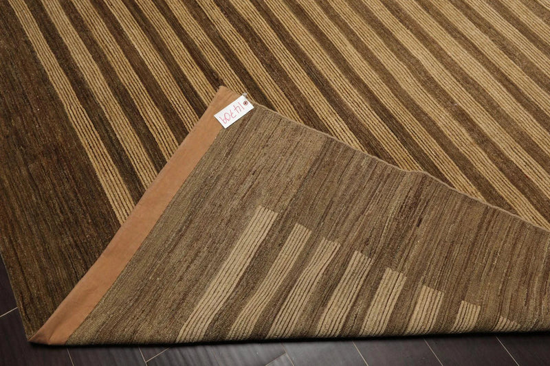 8'10'' x 11'9'' Hand Knotted Tibetan Wool Stripes Modern Stripes Area Rug Brown