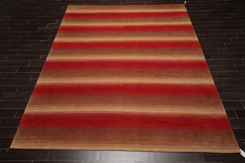 9' x 11'9" Hand Knotted Tibetan Wool Stripes Modern Oriental Area Rug Brown