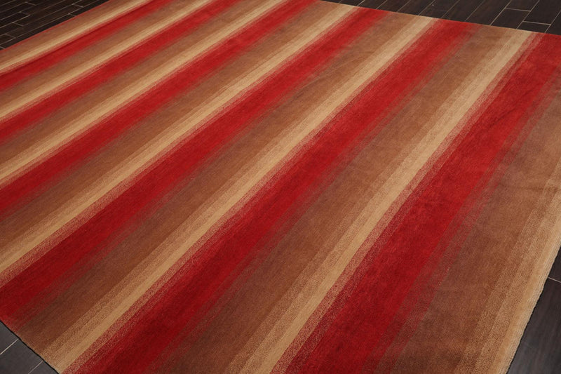 9' x 11'9" Hand Knotted Tibetan Wool Stripes Modern Oriental Area Rug Brown