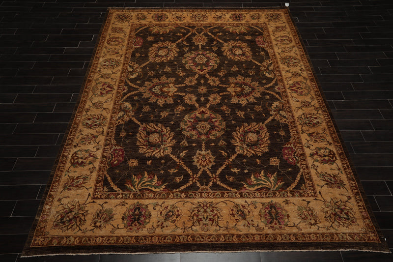 9' x 12'2" Hand Knotted Wool Peshawar Stone wash Vegetable dyes Area Rug Brown