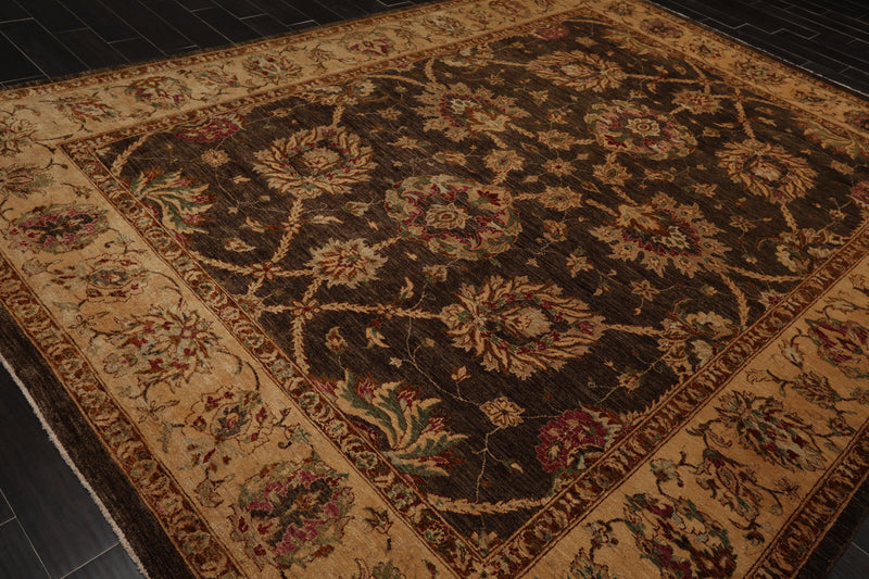 9' x 12'2" Hand Knotted Wool Peshawar Stone wash Vegetable dyes Area Rug Brown