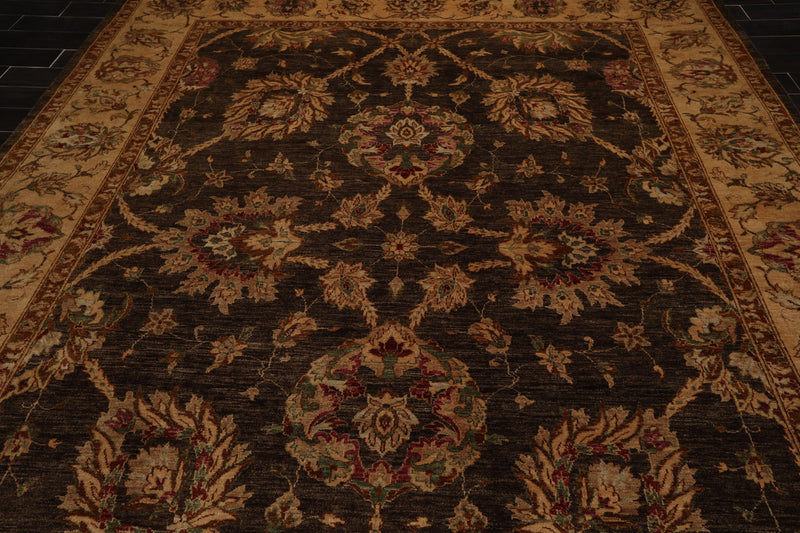 9' x 12'2" Hand Knotted Wool Peshawar Stone wash Vegetable dyes Area Rug Brown