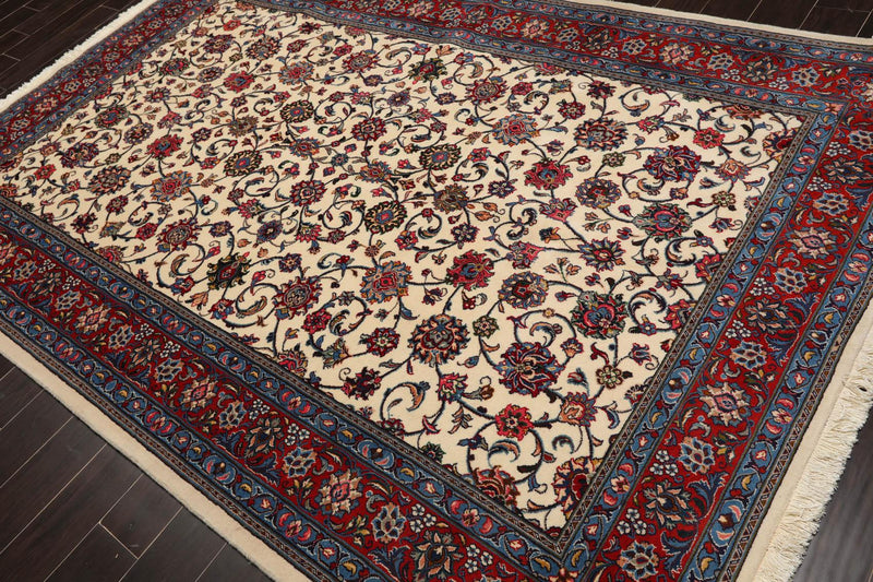 6'6"x 9'10" Authentic Hand Knotted Wool Sarouk 200 KPSI Oriental Area Rug Ivory