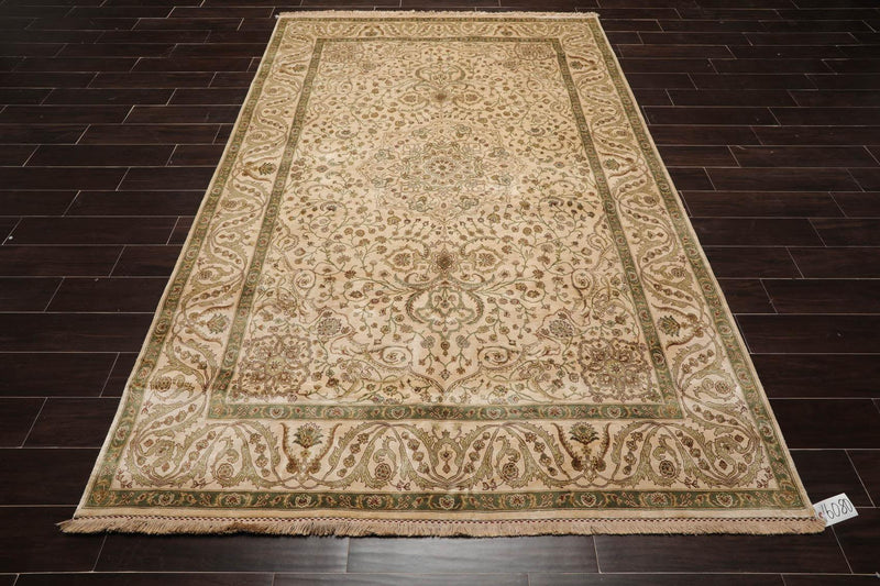 6'2" x 8'10" Hand Knotted 100% Silk Traditional 250 KPSI Oriental Area Rug Beige