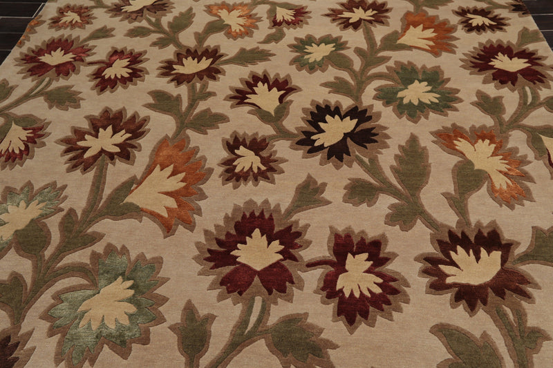 7'11"x9'9" Hand Knotted Floral Wool & Silk Tibetan Oriental Area Rug Beige